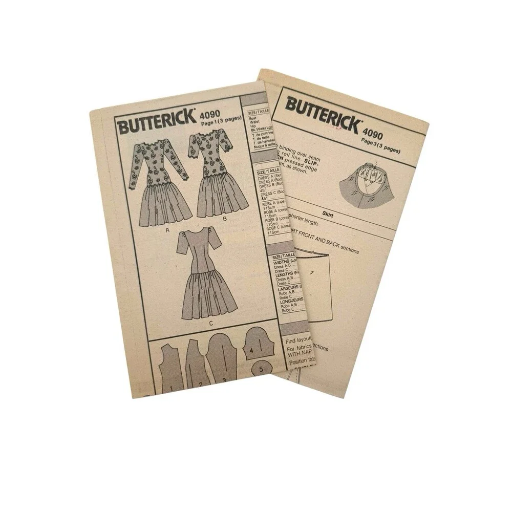 Vintage 1989 Butterick Sewing Pattern Misses Drop-Waist Dress Size 6 #4090